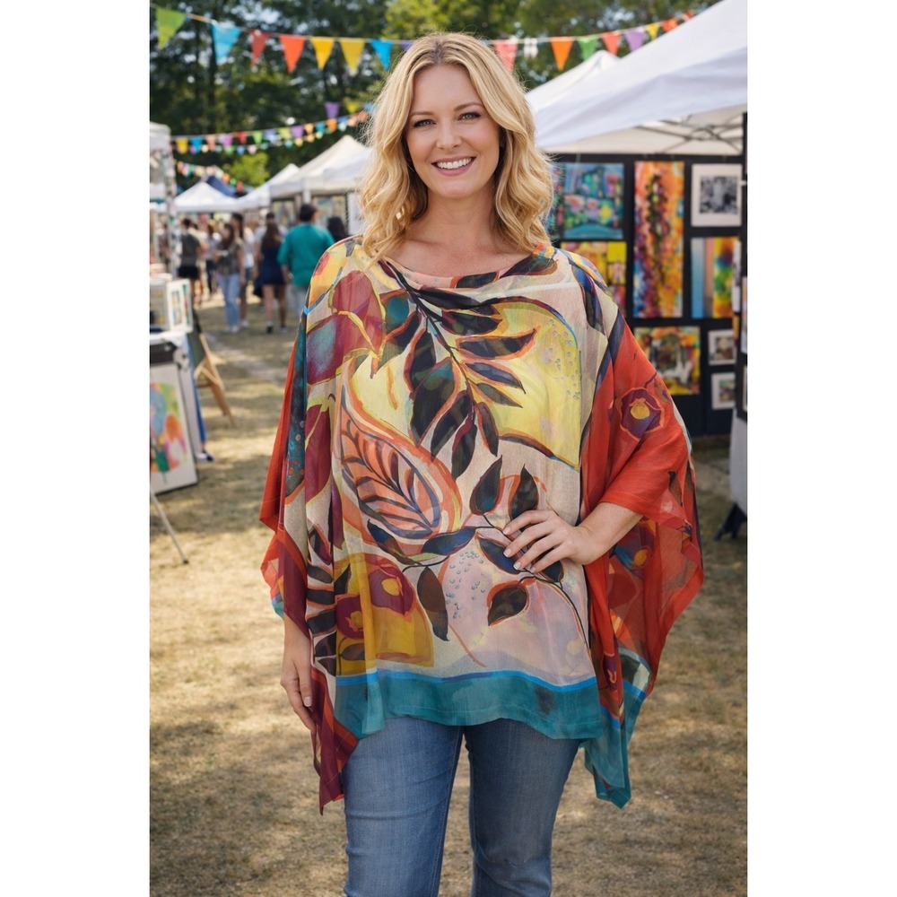 CHICO'S Large/XL Blouse/Scarf Boho Artsy -1416